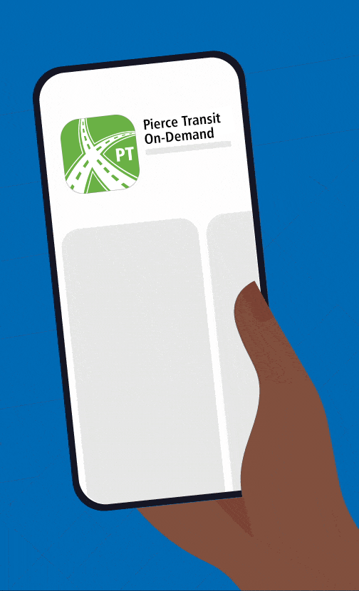 pt-runner-download-app_on-demand animation of phone with text, "Pierce Transit On-Demand" and logo scaling up and down